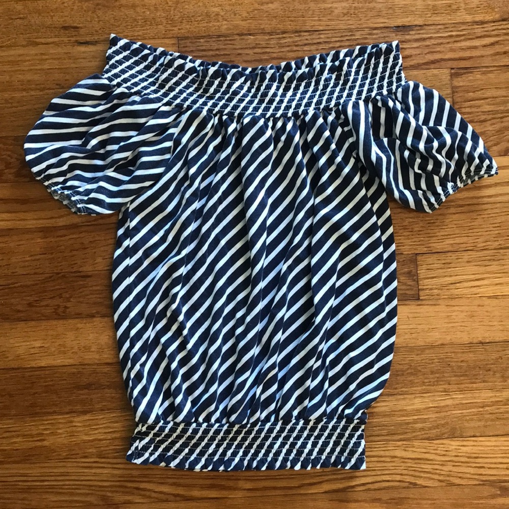 Energie off shoulder navy & white striped top M